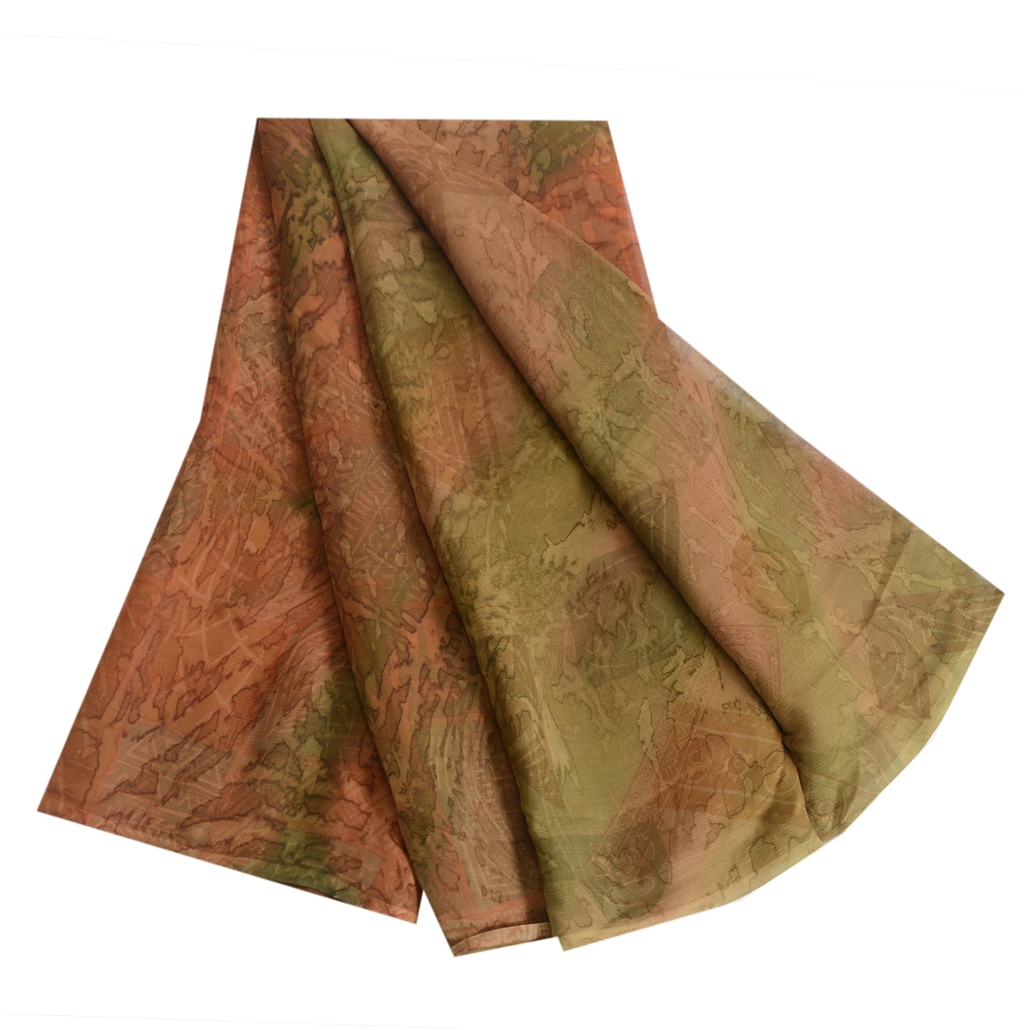 Sanskriti Vintage Sarees Brown/Green Pure Chiffon Printed Sari 5yd Craft Sustainable Fabric