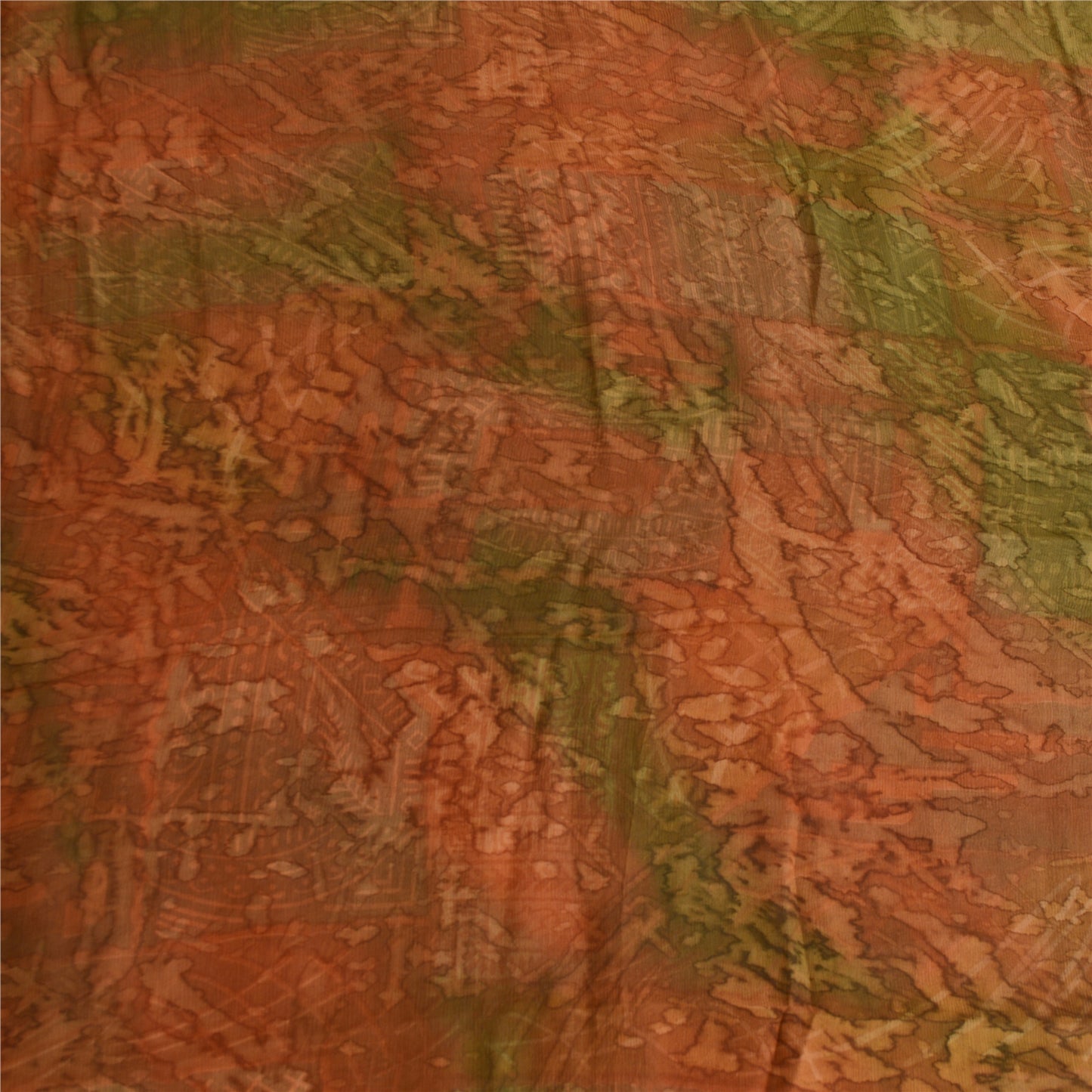 Sanskriti Vintage Sarees Brown/Green Pure Chiffon Printed Sari 5yd Craft Sustainable Fabric