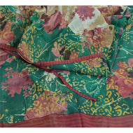 Sanskriti Vintage Sarees Green/Ivory Pure Georgette Print Sari 5yd Craft Fabric