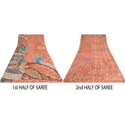 Sanskriti Vintage Red Indian Sarees Pure Georgette Silk Print Sari Craft Fabric