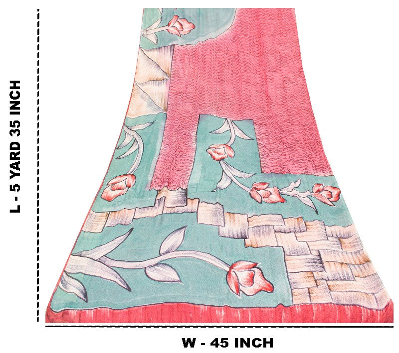 Sanskriti Vintage Pink/Blue Sarees Pure Georgette Silk Printed Sari Craft Sustainable Fabric
