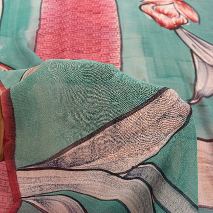 Sanskriti Vintage Pink/Blue Sarees Pure Georgette Silk Printed Sari Craft Sustainable Fabric