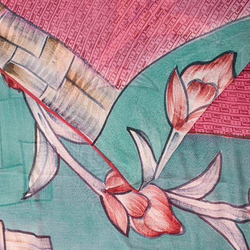 Sanskriti Vintage Pink/Blue Sarees Pure Georgette Silk Printed Sari Craft Sustainable Fabric