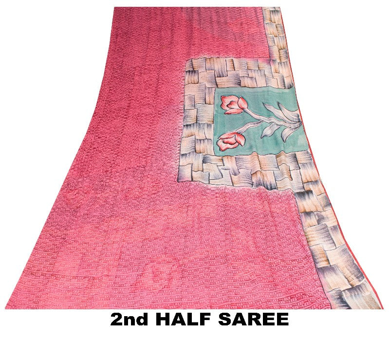 Sanskriti Vintage Pink/Blue Sarees Pure Georgette Silk Printed Sari Craft Sustainable Fabric