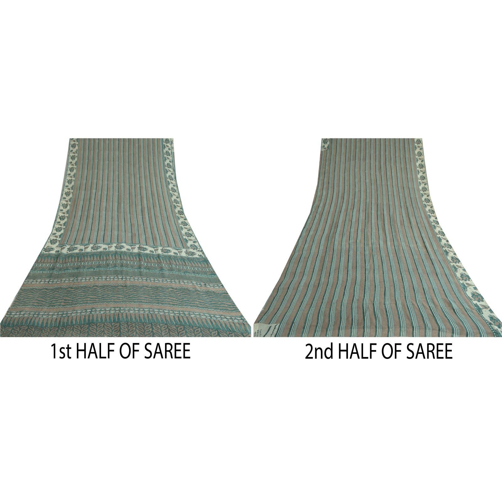 Sanskriti Vintage Sarees Green/Brown Hand Block Pure Georgette Print Sari Fabric