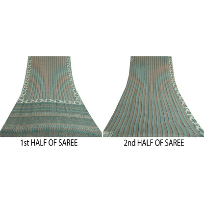 Sanskriti Vintage Sarees Green/Brown Hand Block Pure Georgette Print Sari Fabric