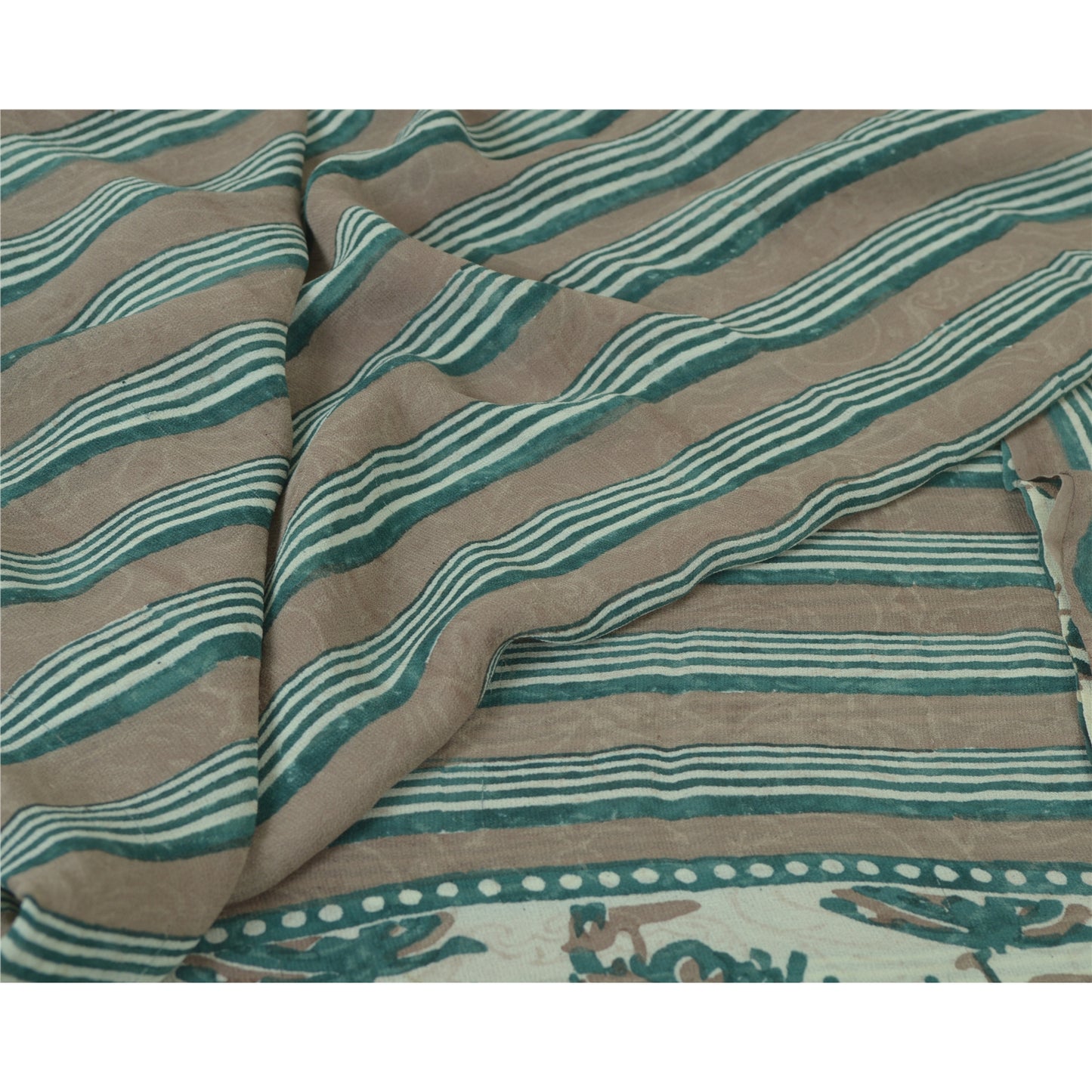 Sanskriti Vintage Sarees Green/Brown Hand Block Pure Georgette Print Sari Fabric