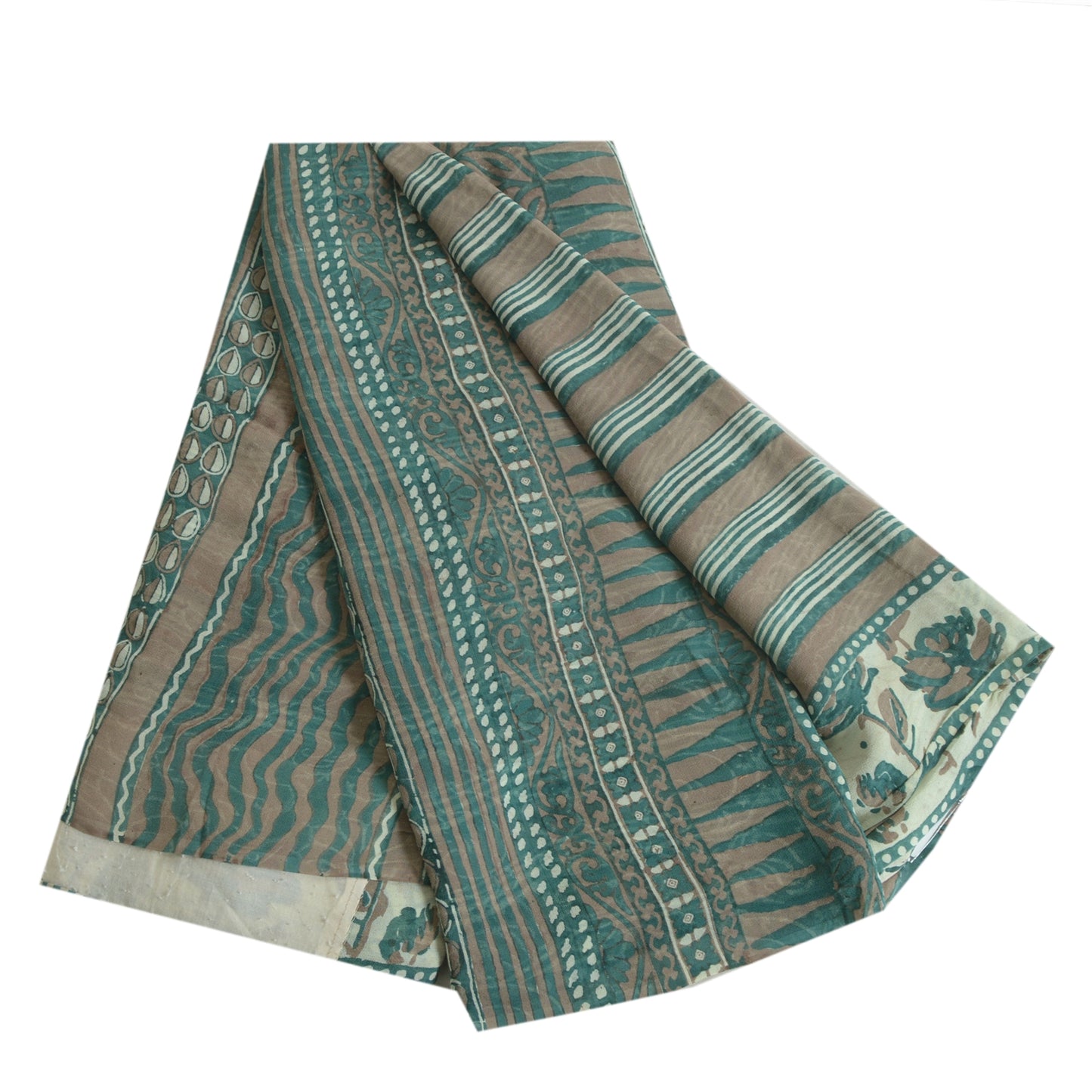 Sanskriti Vintage Sarees Green/Brown Hand Block Pure Georgette Print Sari Fabric