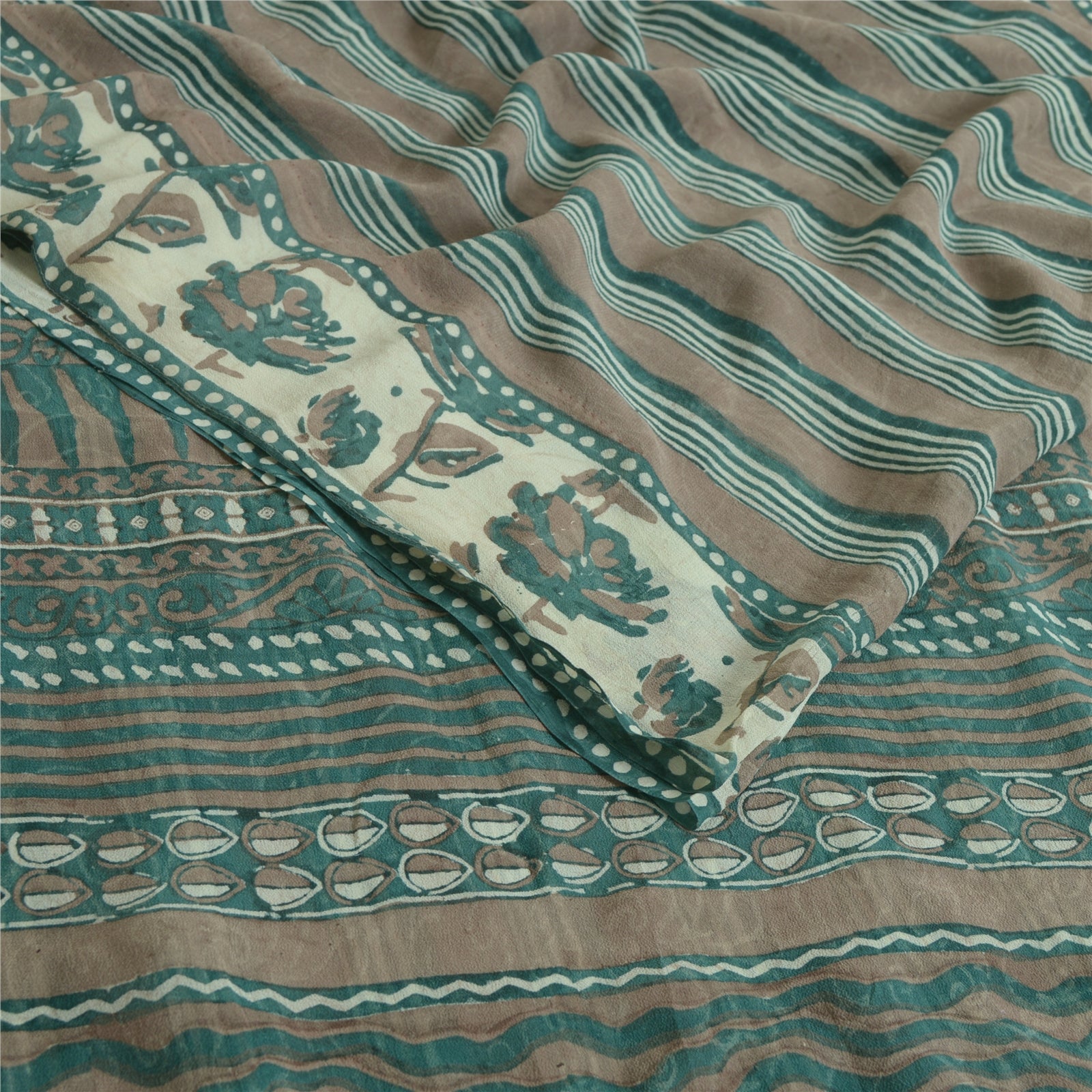 Sanskriti Vintage Sarees Green/Brown Hand Block Pure Georgette Print Sari Fabric