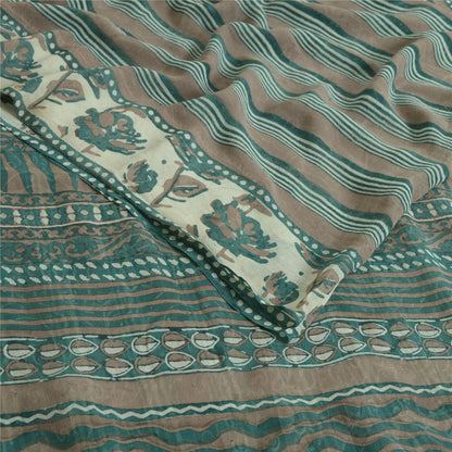 Sanskriti Vintage Sarees Green/Brown Hand Block Pure Georgette Print Sari Fabric