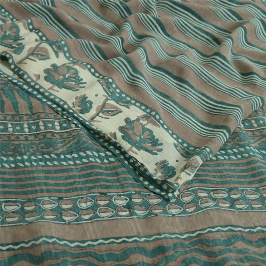 Sanskriti Vintage Sarees Green/Brown Hand Block Pure Georgette Print Sari Fabric