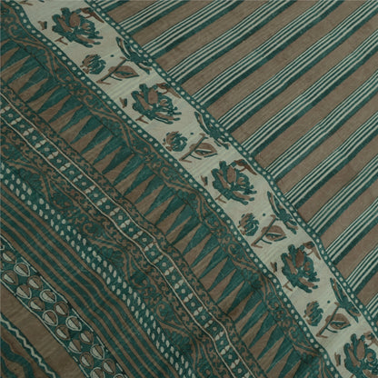 Sanskriti Vintage Sarees Green/Brown Hand Block Pure Georgette Print Sari Fabric