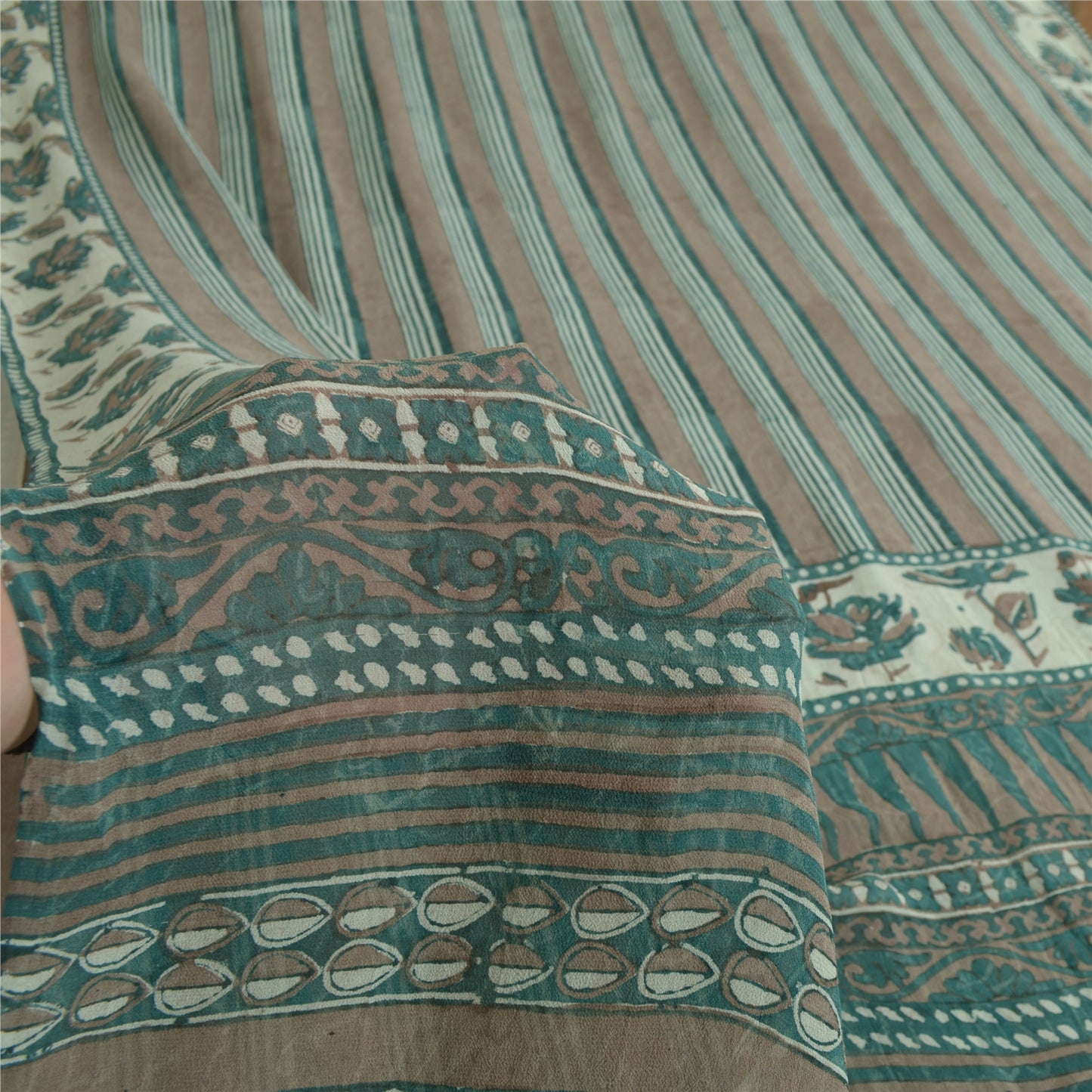 Sanskriti Vintage Sarees Green/Brown Hand Block Pure Georgette Print Sari Fabric