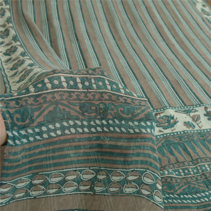 Sanskriti Vintage Sarees Green/Brown Hand Block Pure Georgette Print Sari Fabric