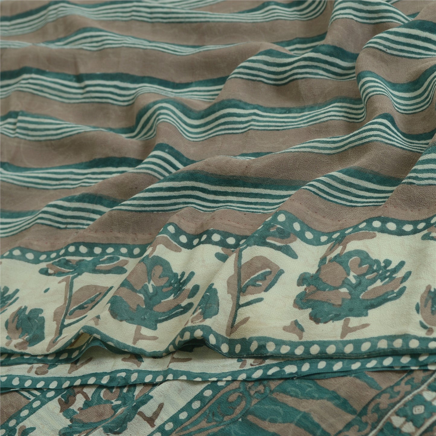 Sanskriti Vintage Sarees Green/Brown Hand Block Pure Georgette Print Sari Fabric