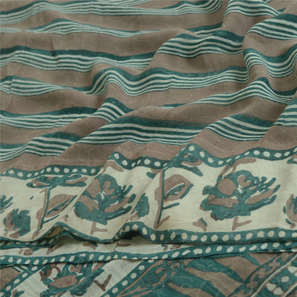 Sanskriti Vintage Sarees Green/Brown Hand Block Pure Georgette Print Sari Fabric