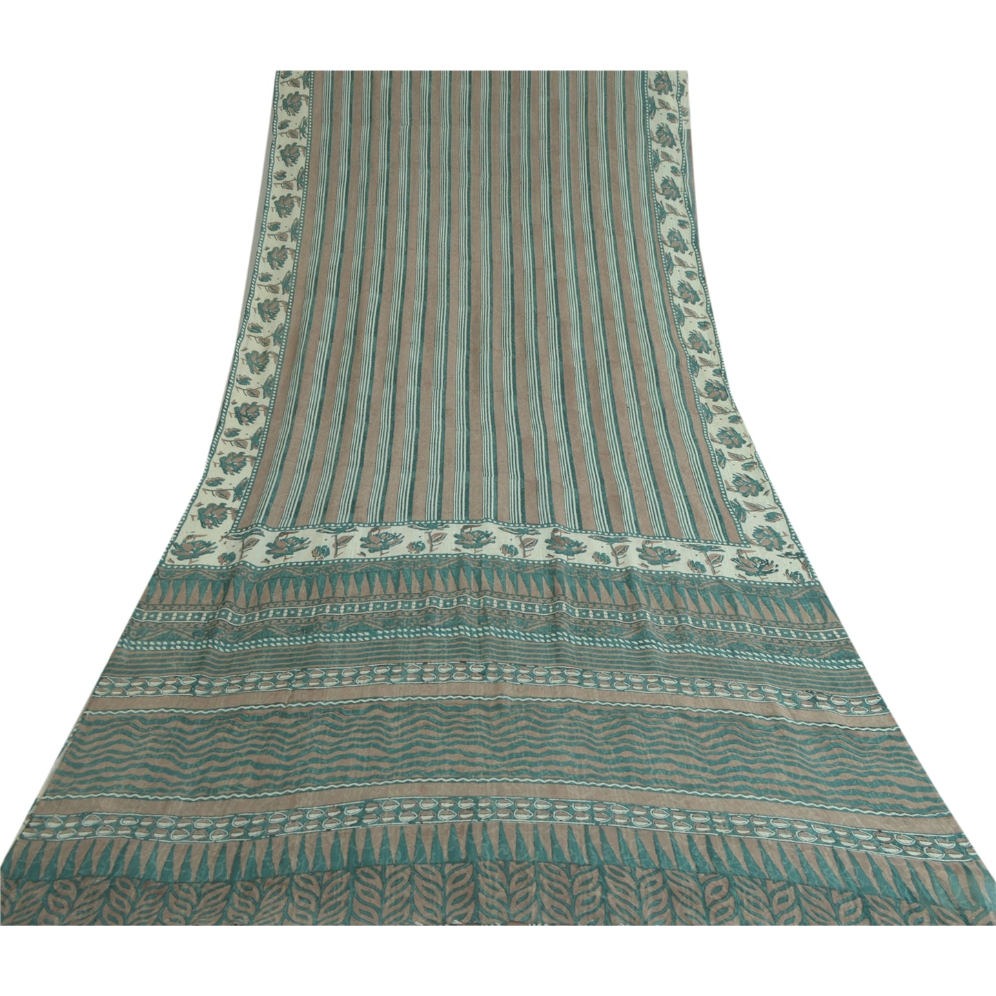 Sanskriti Vintage Sarees Green/Brown Hand Block Pure Georgette Print Sari Fabric
