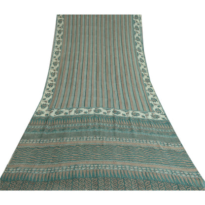 Sanskriti Vintage Sarees Green/Brown Hand Block Pure Georgette Print Sari Fabric