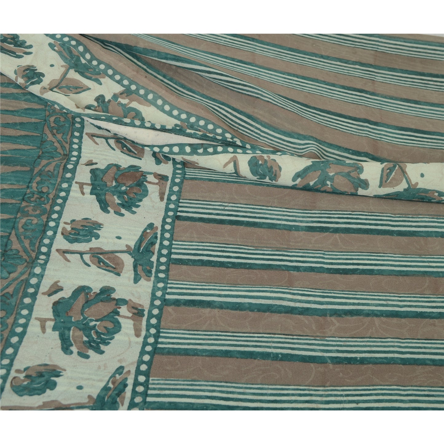 Sanskriti Vintage Sarees Green/Brown Hand Block Pure Georgette Print Sari Fabric