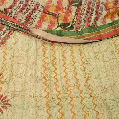 Sanskriti Vintage Sarees Cream Zari Work Pure Georgette Print Sari Craft Sustainable Fabric