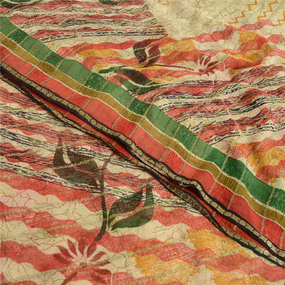 Sanskriti Vintage Sarees Cream Zari Work Pure Georgette Print Sari Craft Sustainable Fabric