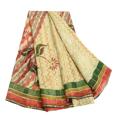 Sanskriti Vintage Sarees Cream Zari Work Pure Georgette Print Sari Craft Sustainable Fabric