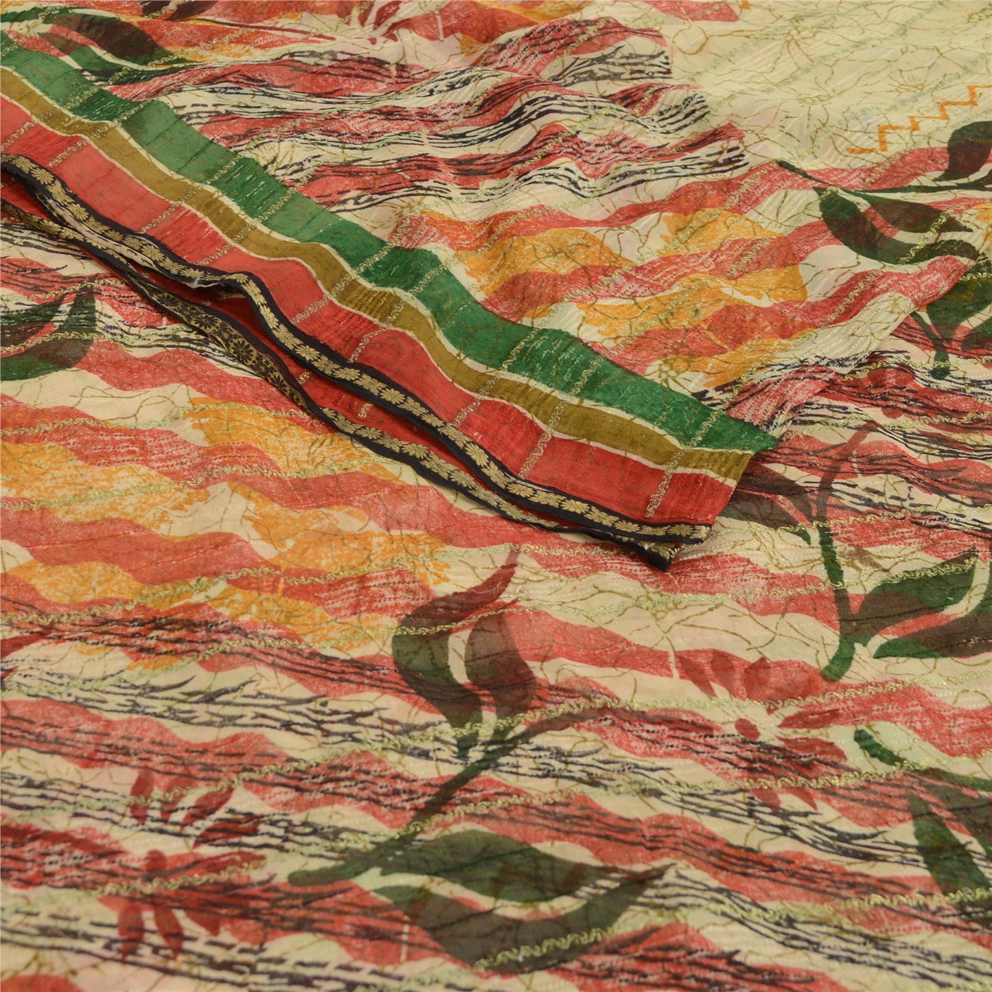 Sanskriti Vintage Sarees Cream Zari Work Pure Georgette Print Sari Craft Sustainable Fabric