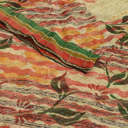 Sanskriti Vintage Sarees Cream Zari Work Pure Georgette Print Sari Craft Sustainable Fabric