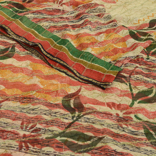 Sanskriti Vintage Sarees Cream Zari Work Pure Georgette Print Sari Craft Sustainable Fabric