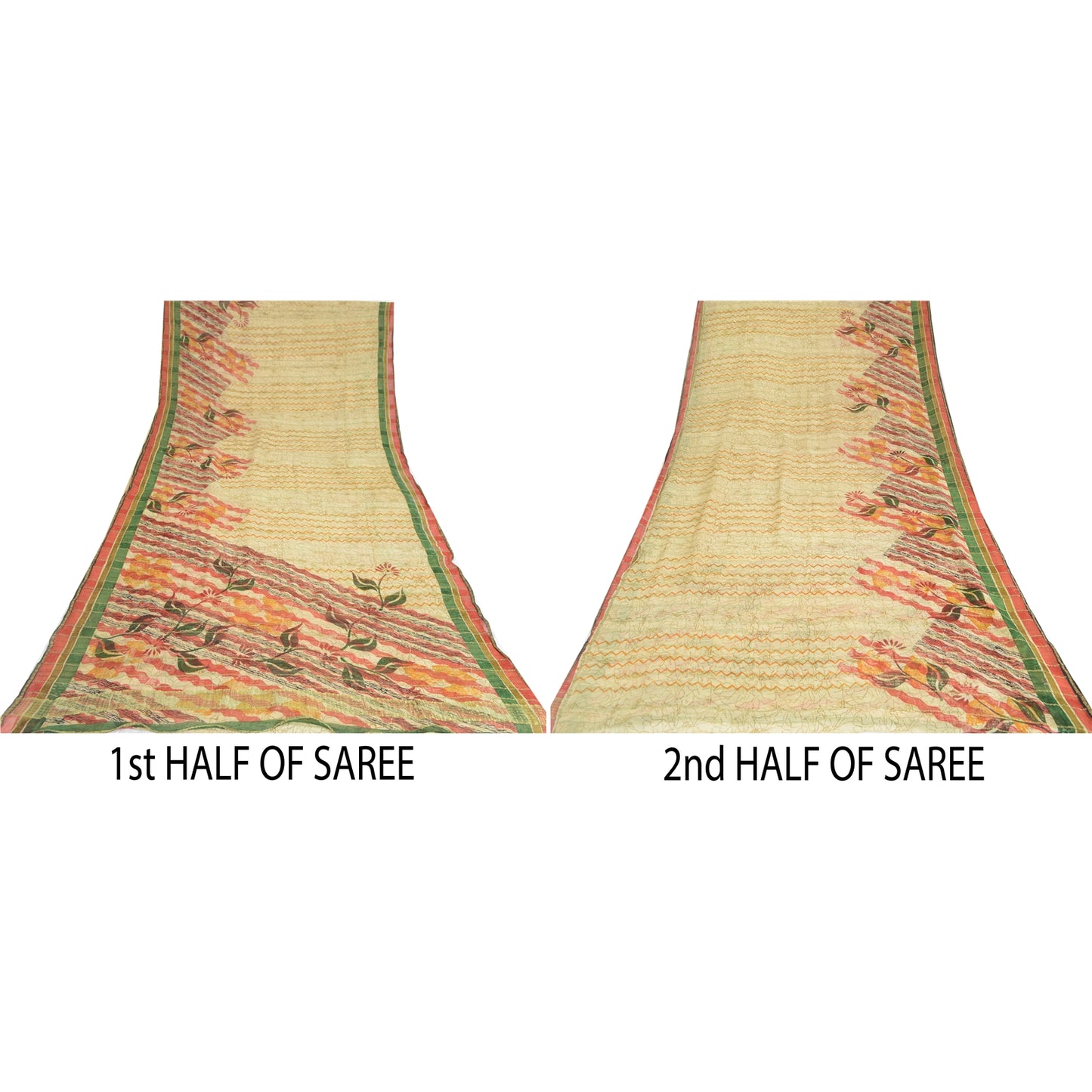 Sanskriti Vintage Sarees Cream Zari Work Pure Georgette Print Sari Craft Sustainable Fabric