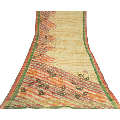 Sanskriti Vintage Sarees Cream Zari Work Pure Georgette Print Sari Craft Sustainable Fabric