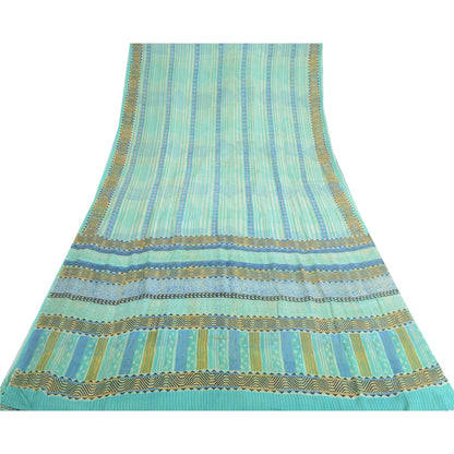 Sanskriti Vintage Sarees Havgrønne Ren Georgette Silke Trykt Sari Håndværk Bæredygtigt Stoff