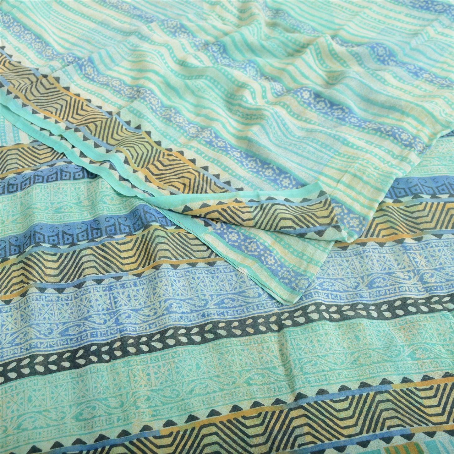 Sanskriti Vintage Sarees Havgrønne Ren Georgette Silke Trykt Sari Håndværk Bæredygtigt Stoff