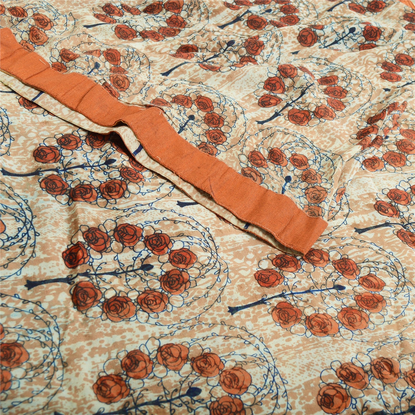 Sanskriti Vintage Sarees Peach Pure Georgette Silk Printed Sari 5yd Craft Sustainable Fabric