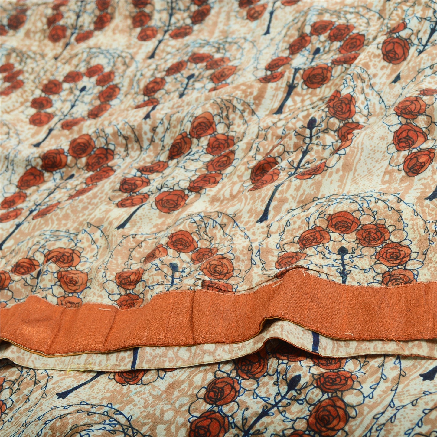 Sanskriti Vintage Sarees Peach Pure Georgette Silk Printed Sari 5yd Craft Sustainable Fabric