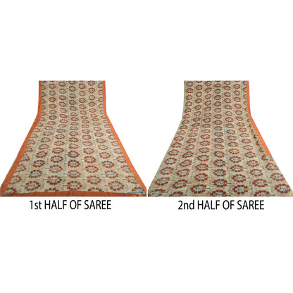 Sanskriti Vintage Sarees Peach Pure Georgette Silk Printed Sari 5yd Craft Sustainable Fabric