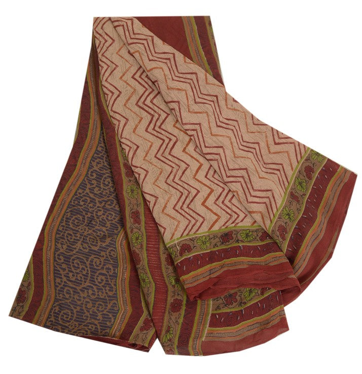 Sanskriti Vintage Sarees Pink/Red Pure Georgette Silk Printed Sari Craft Sustainable Fabric