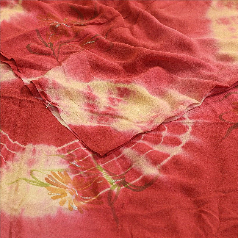 Sanskriti Vintage Sarees Red TieDye Pure Georgette Silk Print Sari Craft Sustainable Fabric