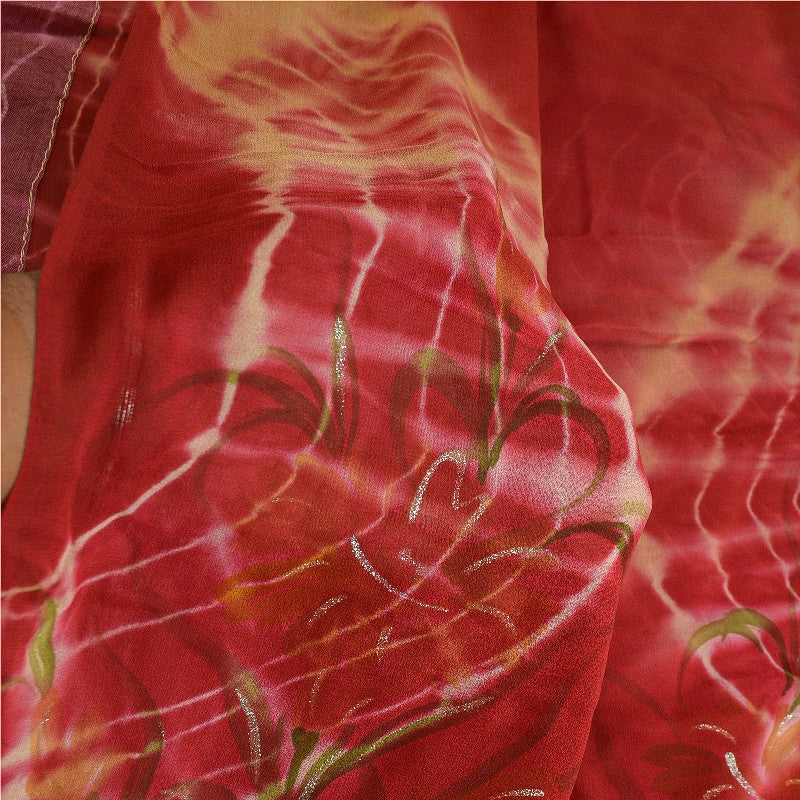 Sanskriti Vintage Sarees Red TieDye Pure Georgette Silk Print Sari Craft Sustainable Fabric