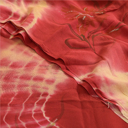 Sanskriti Vintage Sarees Red TieDye Pure Georgette Silk Print Sari Craft Sustainable Fabric