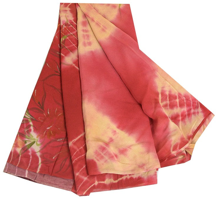 Sanskriti Vintage Sarees Red TieDye Pure Georgette Silk Print Sari Craft Sustainable Fabric