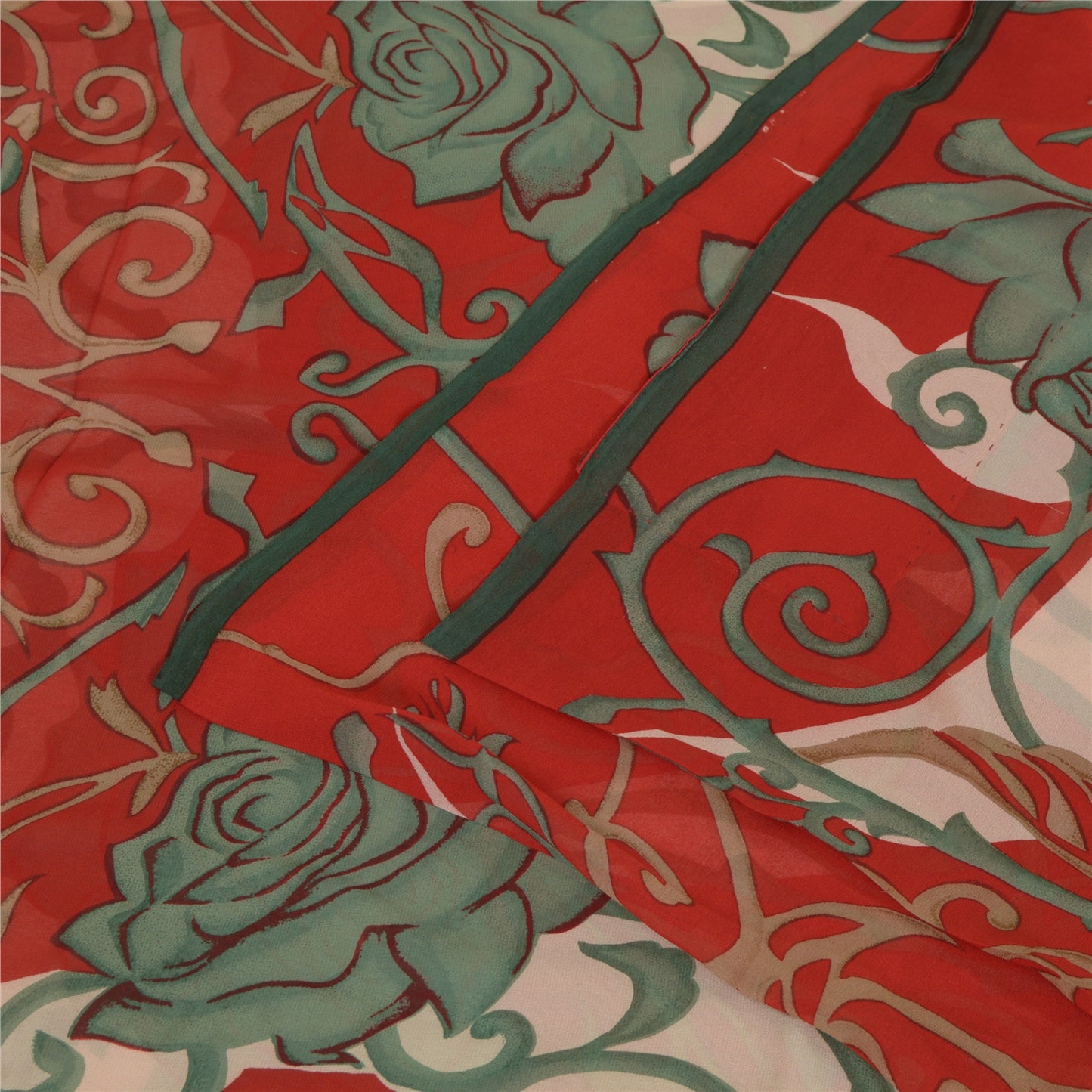 Sanskriti Vintage Sarees Red/Green Pure Georgette Silk Print Sari Craft Fabric