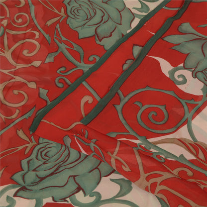 Sanskriti Vintage Sarees Red/Green Pure Georgette Silk Print Sari Craft Fabric