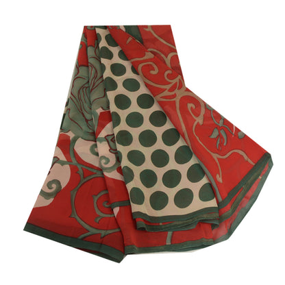 Sanskriti Vintage Sarees Red/Green Pure Georgette Silk Print Sari Craft Fabric