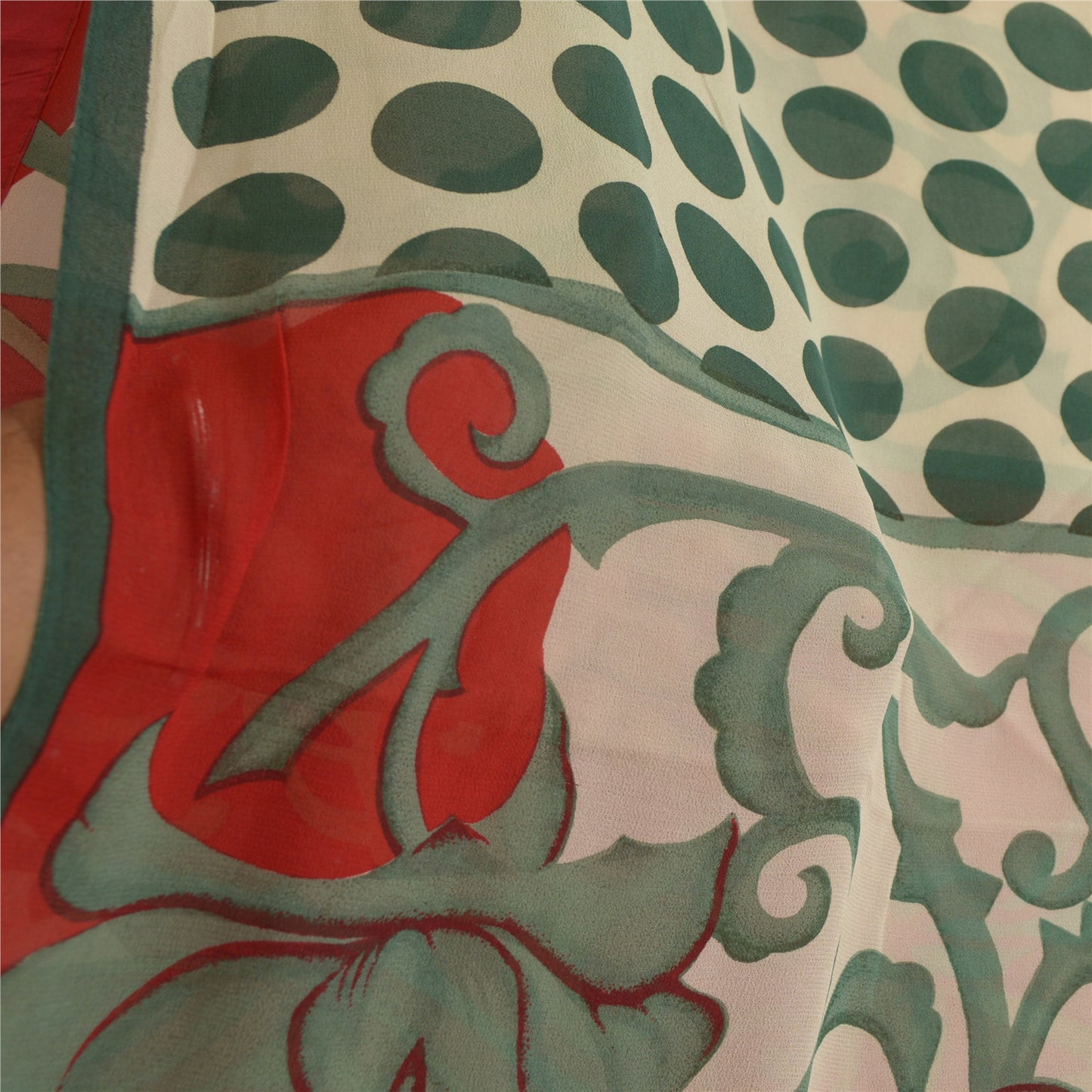 Sanskriti Vintage Sarees Red/Green Pure Georgette Silk Print Sari Craft Fabric