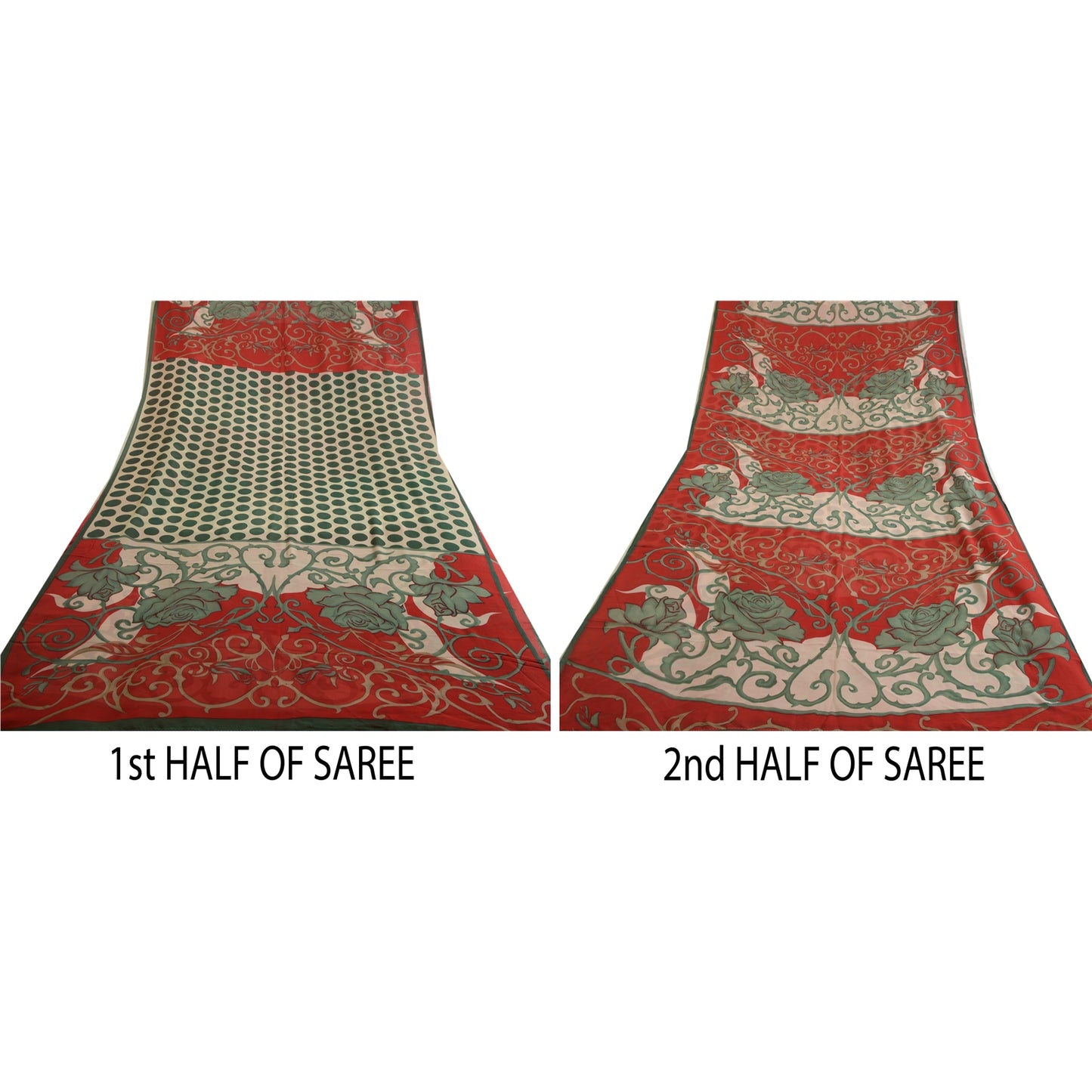 Sanskriti Vintage Sarees Red/Green Pure Georgette Silk Print Sari Craft Fabric