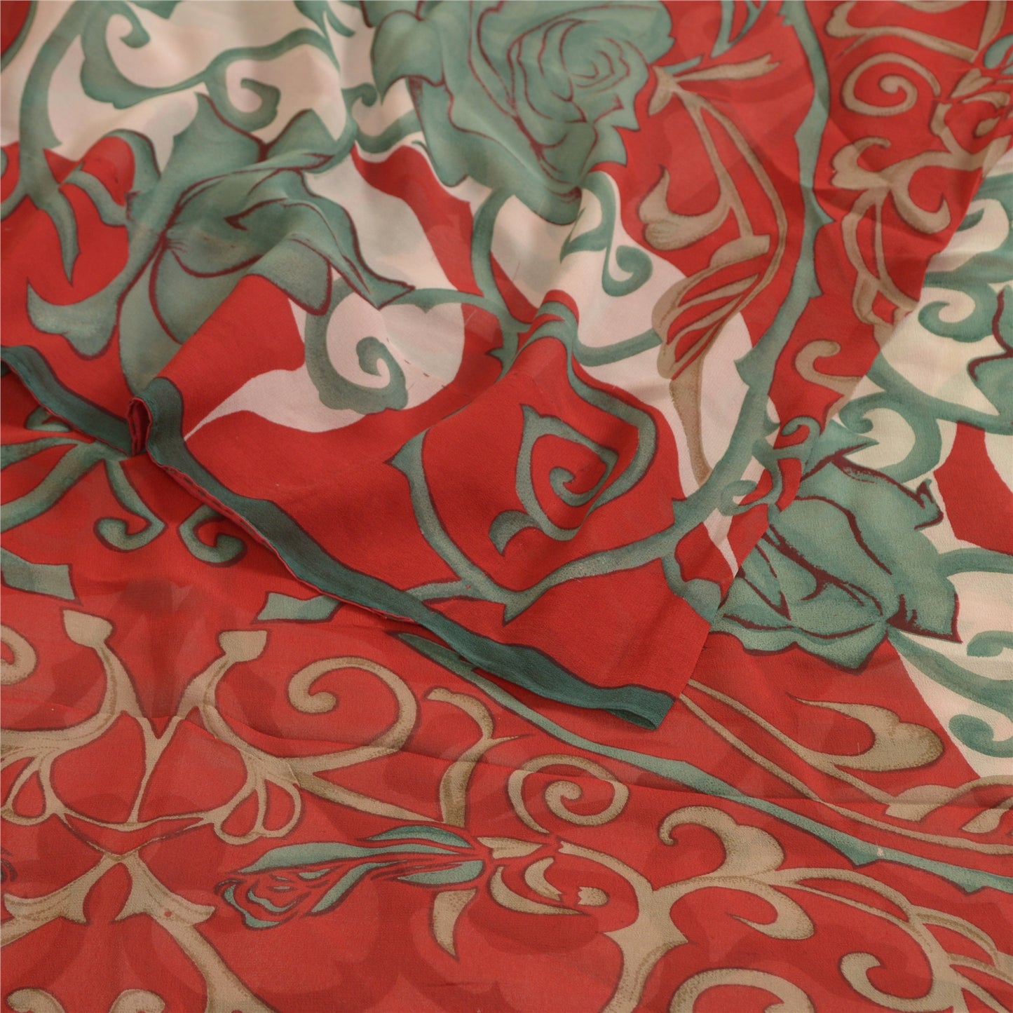 Sanskriti Vintage Sarees Red/Green Pure Georgette Silk Print Sari Craft Fabric
