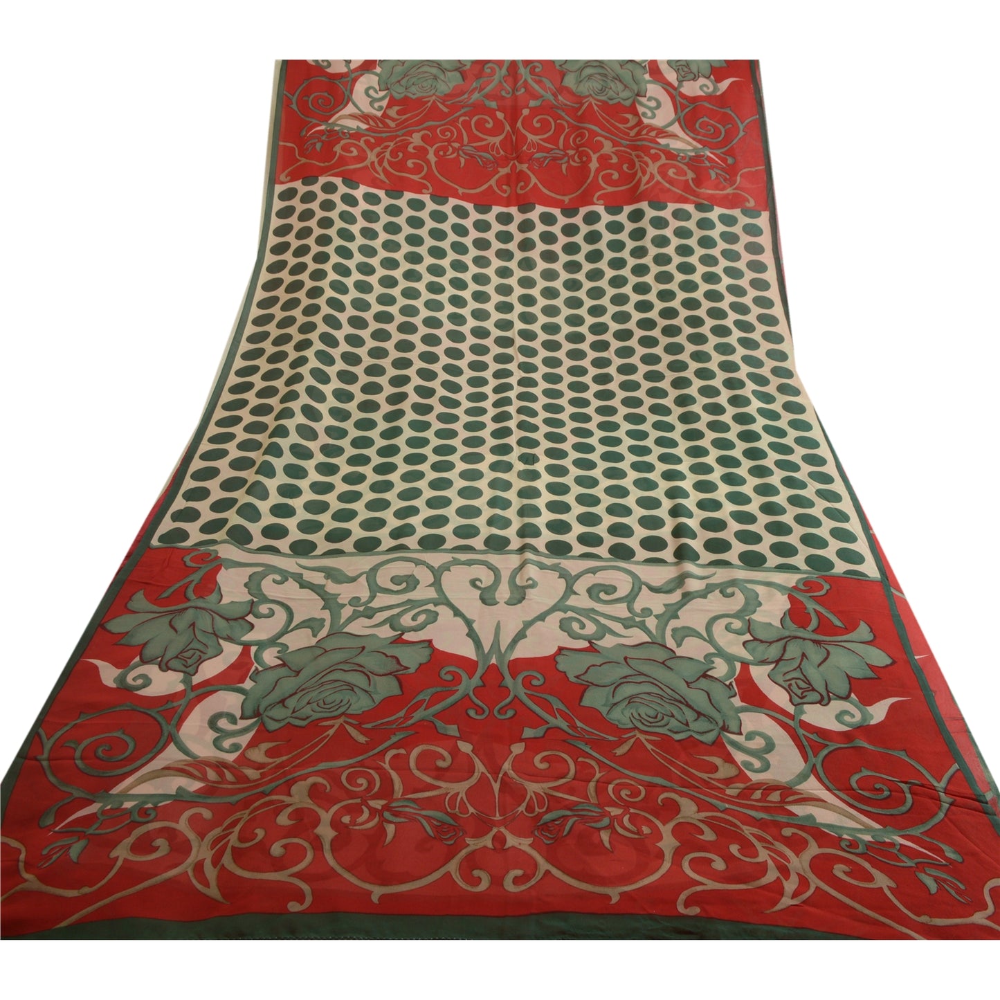 Sanskriti Vintage Sarees Red/Green Pure Georgette Silk Print Sari Craft Fabric