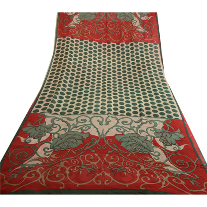 Sanskriti Vintage Sarees Red/Green Pure Georgette Silk Print Sari Craft Fabric