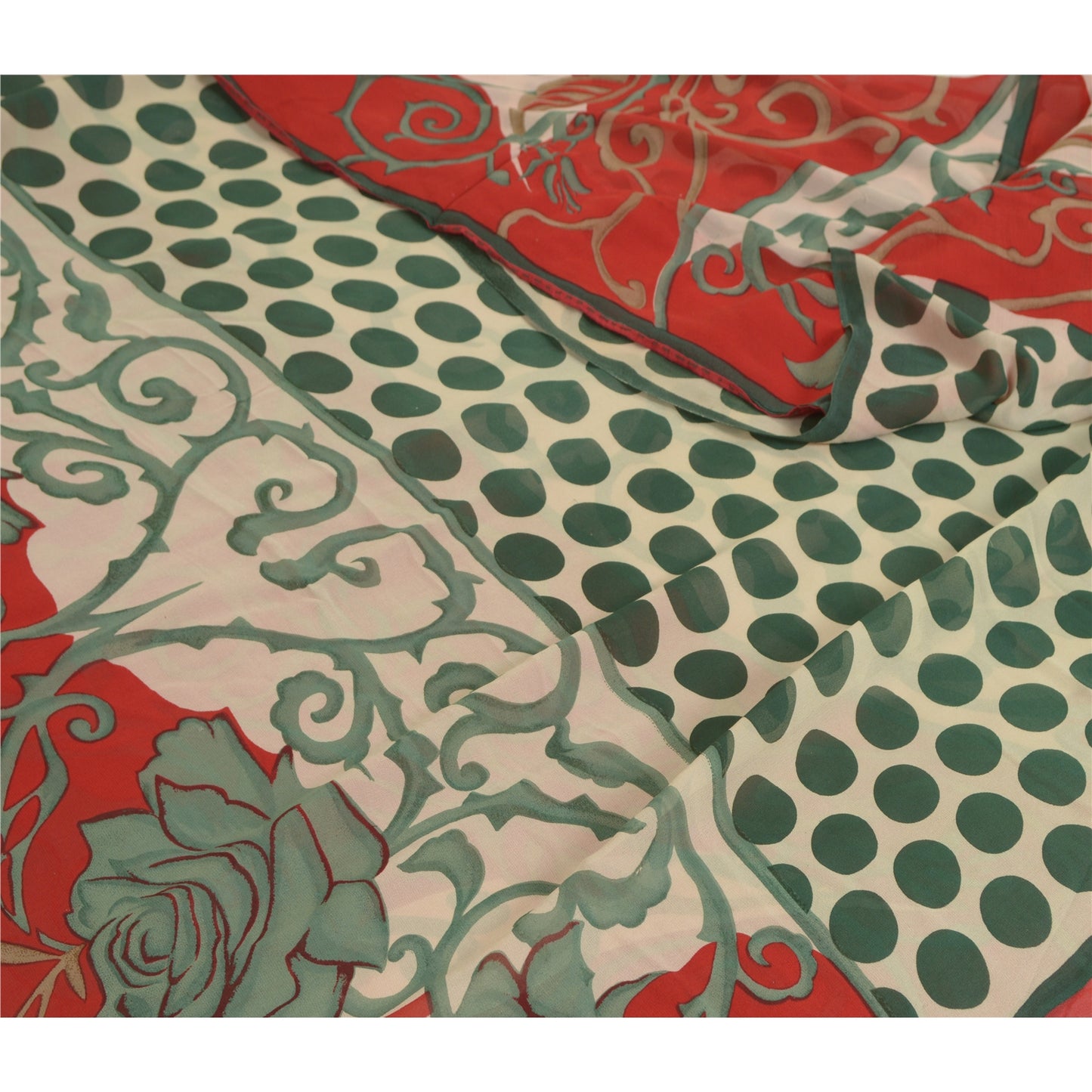 Sanskriti Vintage Sarees Red/Green Pure Georgette Silk Print Sari Craft Fabric